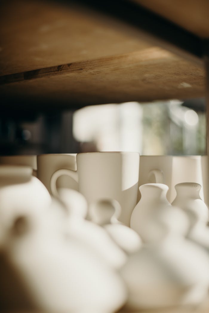 A selection of handmade ceramic pottery and mugs displayed on a wooden shelf.